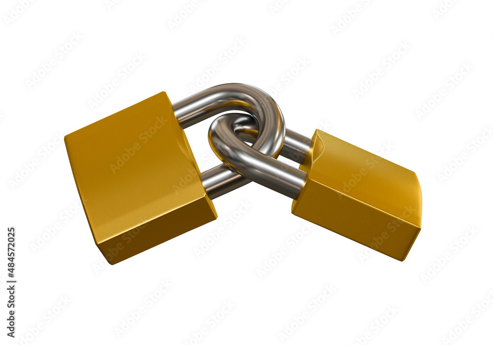 Two linked brass metallic padlocks isolated on white background 3D rendering. Two linked brass metallic padlocks isolated on white background 3D rendering.