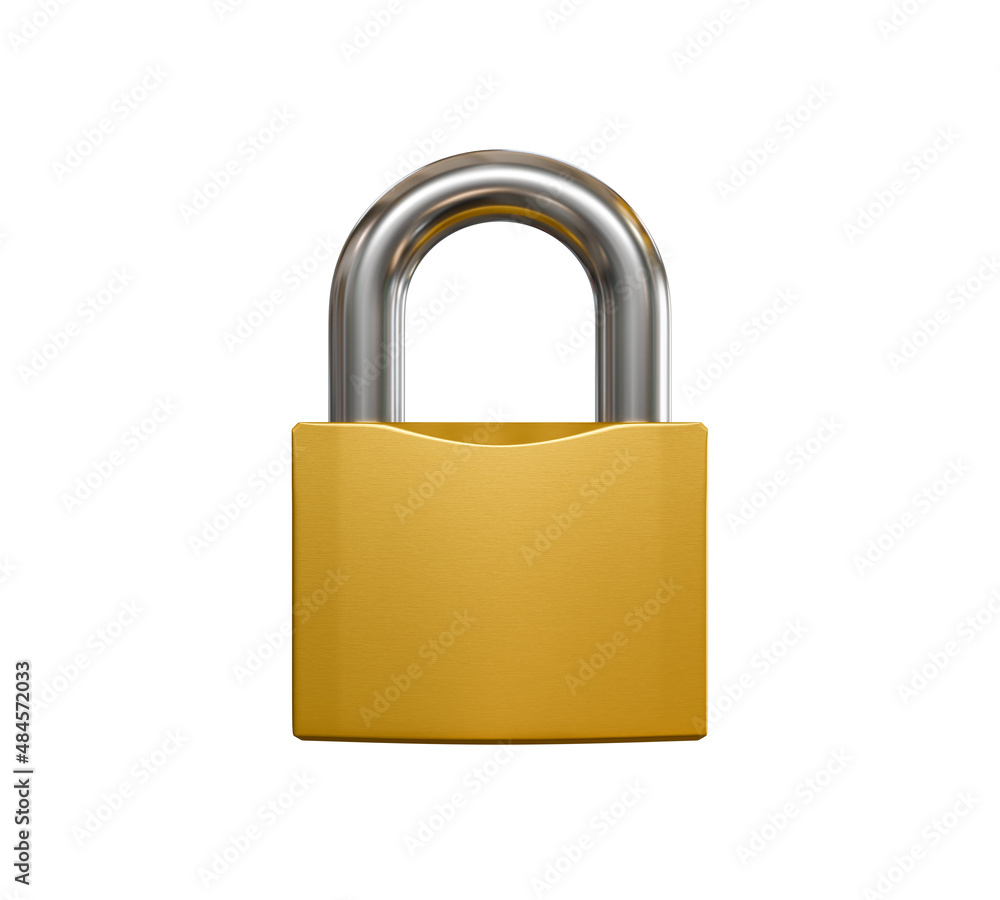 Locked brass padlock isolated on white background 3D rendering. Locked brass padlock isolated on white background 3D rendering.