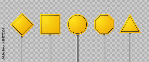 Yellow blank road sign isolated set. Direction traffic signs boards on metal stand vector collection