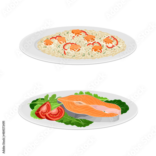 Tasty seafood dishes set. Seafood risotto and salmon fish served on plates with vector illustration