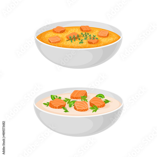 Tasty seafood dishes set. Salmon fish soup in bowls with vector illustration