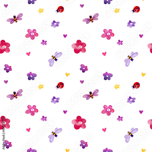 Watercolor pattern of flowers, bees, ladybugs and hearts