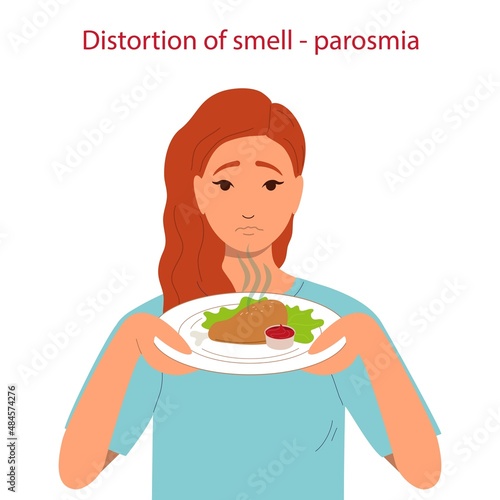 Parosmia - a distorted perception of smells. A woman sniffs a plate of food. vector flat illustration isolated on white background