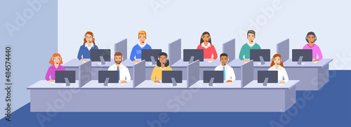 Call center customer care operators team with headsets at the desks in office. Flat vector illustration. Customer support service agents, men and women, talking with clients. Contact center assistants