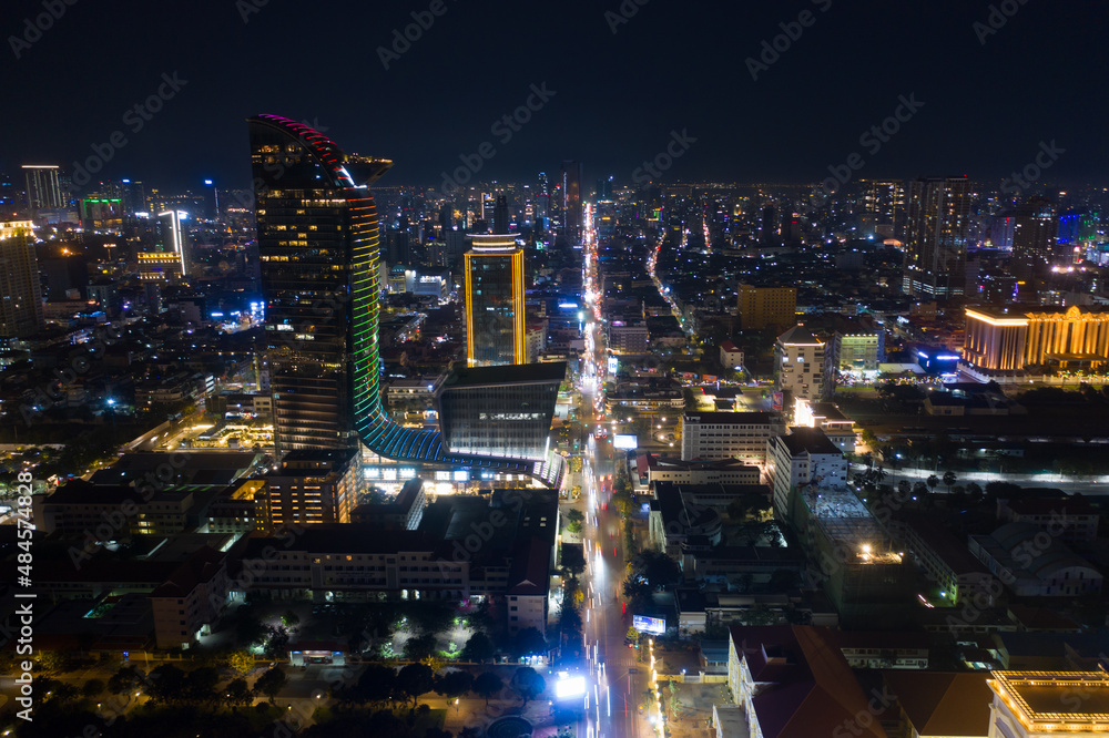custom made wallpaper toronto digitalTop View of Building in a City - Aerial view Skyscrapers flying by drone of Phnom Penh city with downtown , riverside and sunset