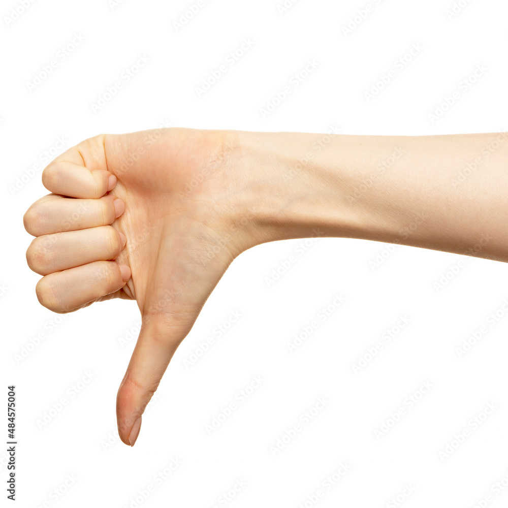 Hand show dislike or negative isolated on white. Female thumb show sign disapproval or unlike closeup. Women palm finger demonstrated down Hand show dislike or negative isolated on white. Female thumb show sign disapproval or unlike closeup. Women palm finger demonstrated down