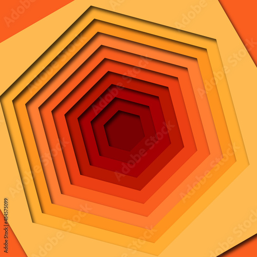 3d paper cut out hexagon background. Orange hexagon carved pattern.