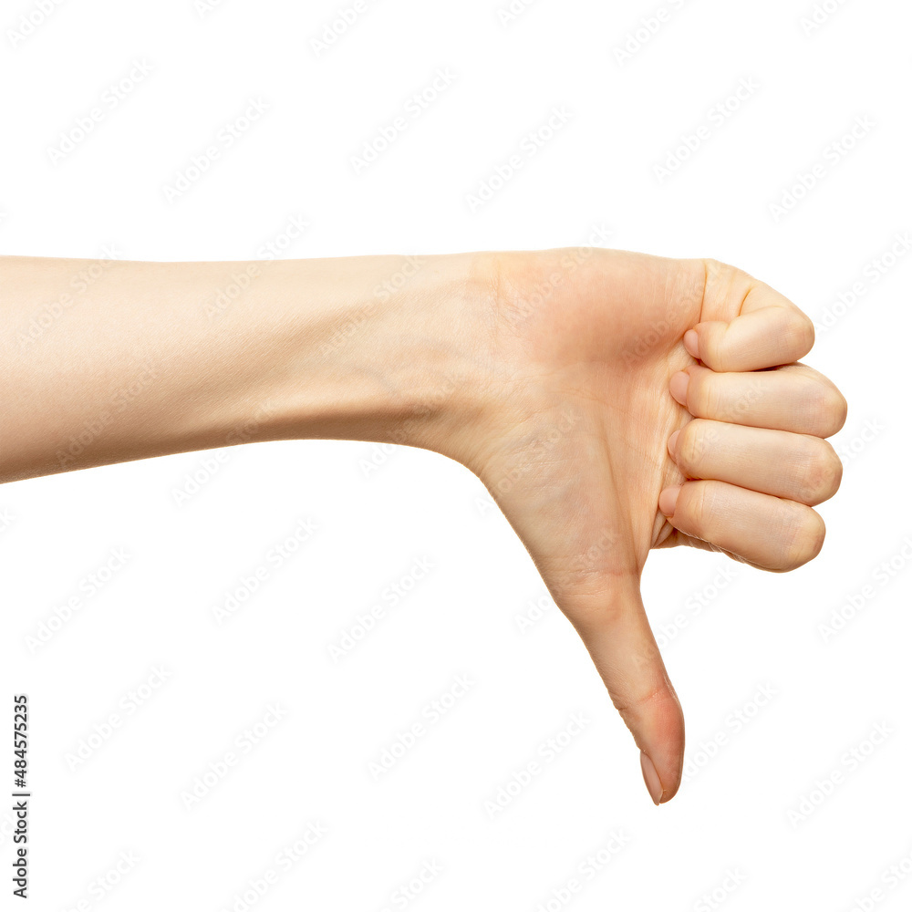 Hand show dislike or negative isolated on white. Female thumb show sign disapproval or unlike closeup. Women palm finger demonstrated down Hand show dislike or negative isolated on white. Female thumb show sign disapproval or unlike closeup. Women palm finger demonstrated down