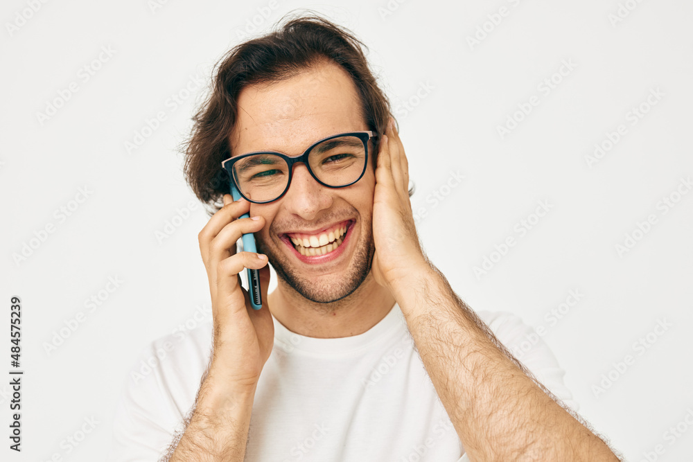 Cheerful man telephone communication hand gesture Lifestyle unaltered Cheerful man telephone communication hand gesture Lifestyle unaltered