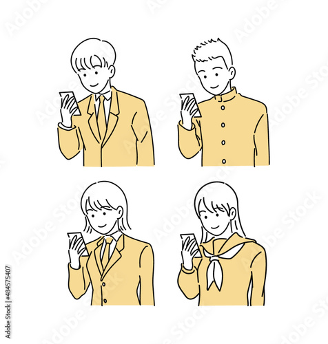 学生服を着た少年少女（スマホ黄色）セット