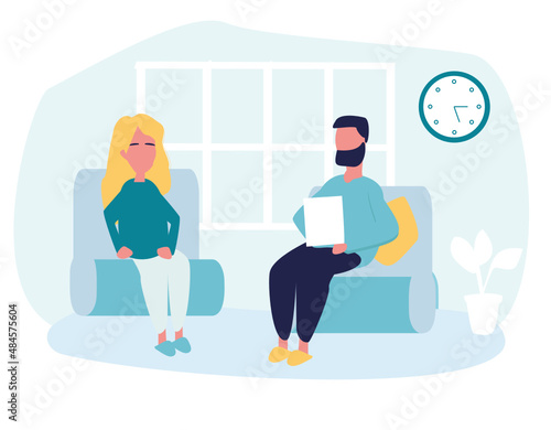 Flat psychologist office, patient. Individual psychological therapy and psychological counseling.Psychotherapy session. Mental health, health care and psychology. Psychiatric consultation.Flat cartoon