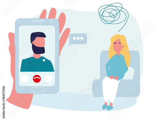 A woman visits an online psychologist's office. Online individual psychological therapy and counseling. Psychotherapy session. Mental health and psychology. Psychiatric consultation. Flat cartoon