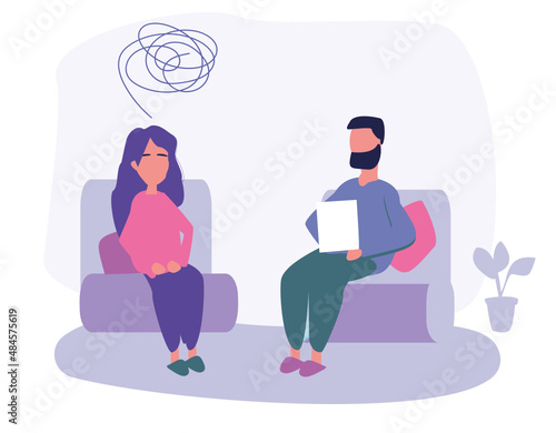 Flat psychologist office, patient. Individual psychological therapy and psychological counseling.Psychotherapy session. Mental health, health care and psychology. Psychiatric consultation.Flat cartoon
