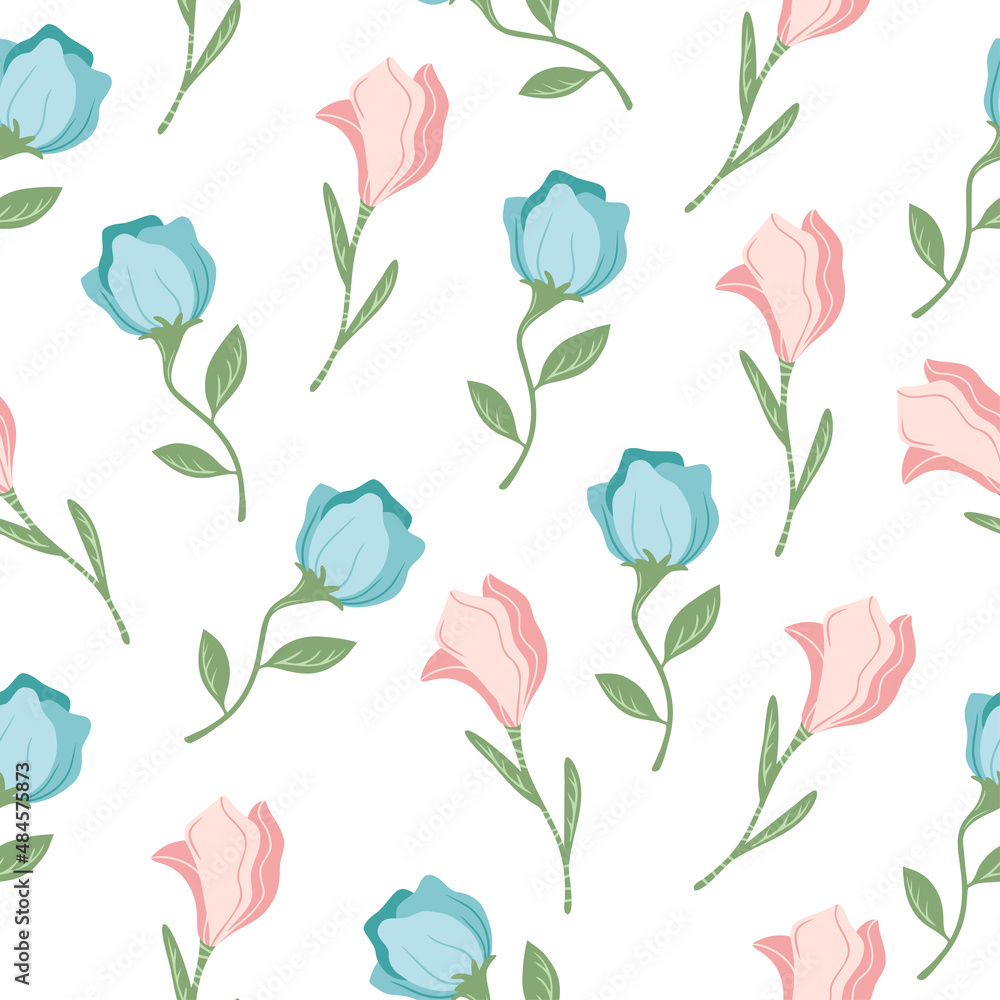 Seamless pattern with hand drawn colorful flowers, floral, natural objects in white background. Doodle, simple flat illustration. It can be used for decoration of textile, paper and other surfaces.