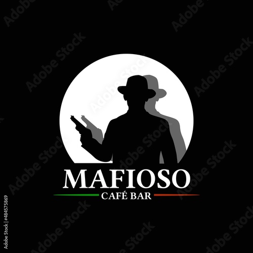 modern vintage retro classic icon silhouette of bandit cowboy western mafia mafioso with hat and gun shoot weapon in hand suitable for cafe bar or pizza bar logo design inspiration