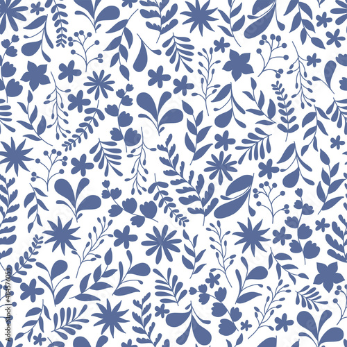 Floral and leaves seamless pattern. Hand drawn linear and silhouette flowers, branches, leaves textures. elegant template for fashionable printers. Simple universal background.