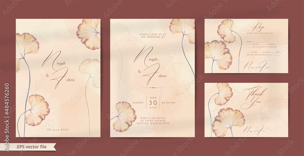 Beautiful brown wedding invitation with leaf watercolor ornaments