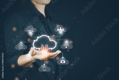Businesswoman touching virtual monitor, cloud computer storage concept, cloud computing, big data, internet of things, business processes, various storage systems