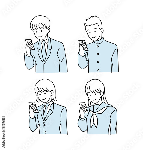 学生服を着た少年少女（スマホ青）セット
