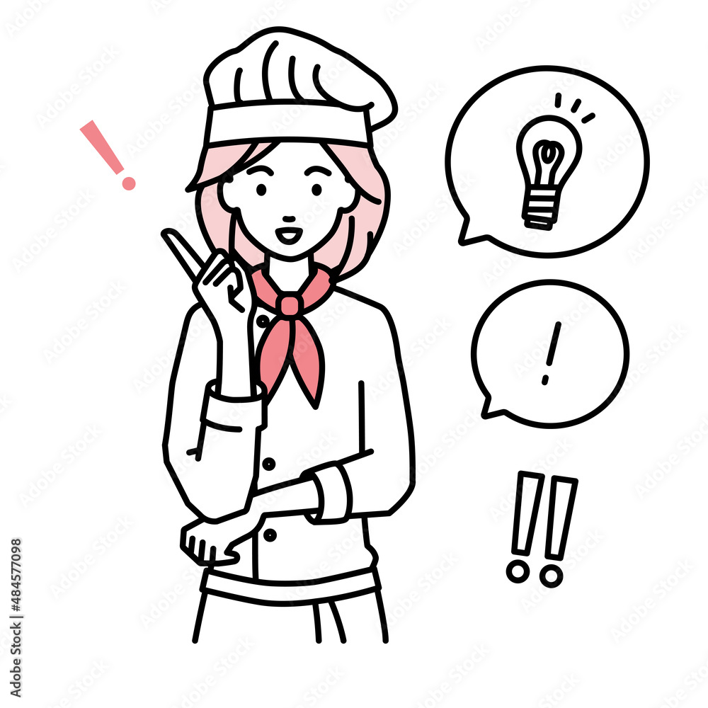 立って素晴らしいアイデアをひらめいた調理師の女性 フキダシに電球と感嘆符のセット