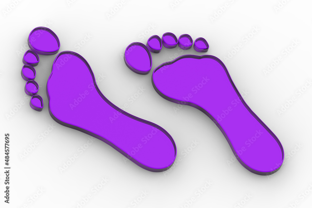two Royal Purple glass bare footprints. bare footprint close up. Horizontal image. 3D image. 3D rendering. two Royal Purple glass bare footprints. bare footprint close up. Horizontal image. 3D image. 3D rendering.