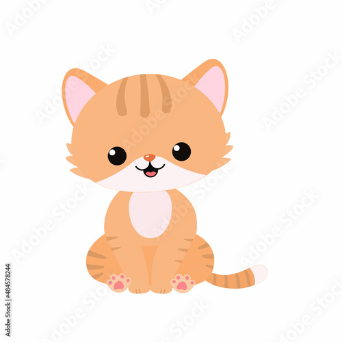 Cute kawaii cat sitting isolated on white background. Vector illustration. Cartoon flat style
