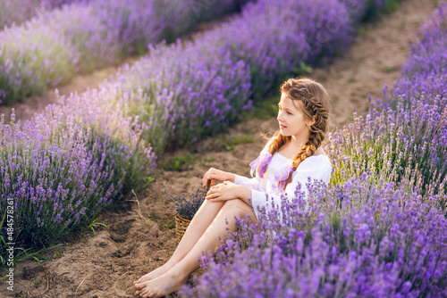 girl with a basket in her hands is sitting in lavender flowers