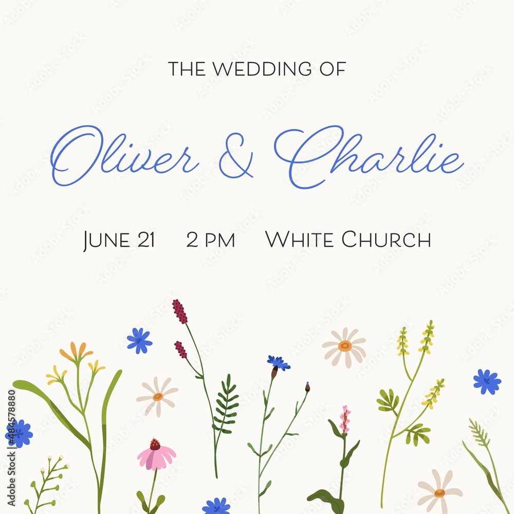 Wedding inviting card design with delicate wild flowers and background for text. Floral invitation template for bridal party, engagement and marriage ceremony. Colored flat vector illustration