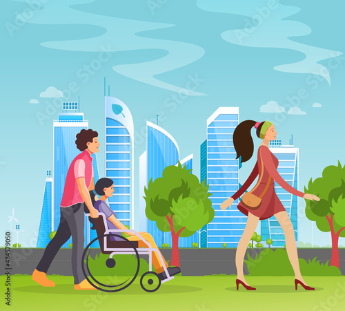 Man walking with girl in a wheelchair, girl walking through runs road. Group people disabled woman walking outdoors in different clothes