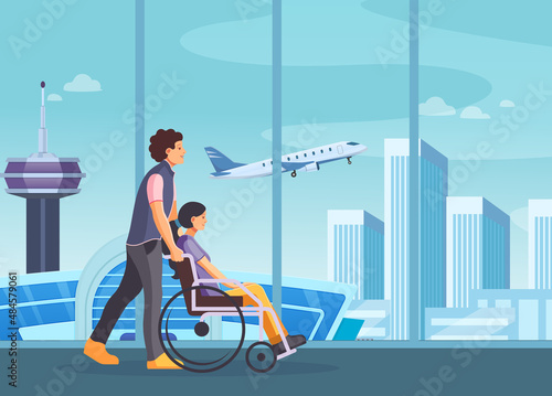 Passenger group people together waiting in airport. Man with disabled woman walking to board a plane