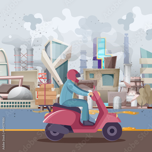Post office workers shipping letters. Postman work courier with bag on motorcycle delivering correspondence through dusty, polluted city