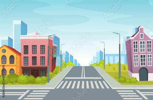 City road with crossroads traffic lights. Urban landscape with empty urban street traffic road, sidewalk, crosswalk, business centers building, trees