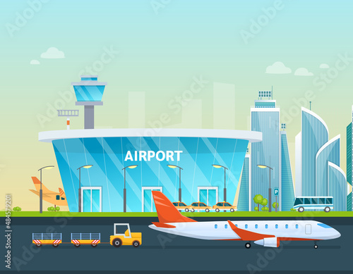 Airport terminal building and airplanes, taxi, car, loader.