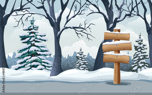 Wooden signpost in snow, realistic winter landscape with woods, fir trees, road and snowbanks. seamless wintertime nature background. parallax game scene. great for mobile, apps, ads, prints design.