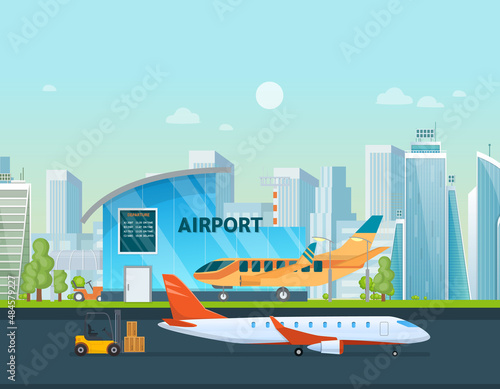 Airport terminal building and airplanes, taxi, car, loader.