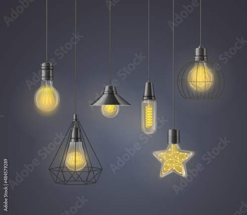 Realistic light bulb hanging vintage set for loft style decor