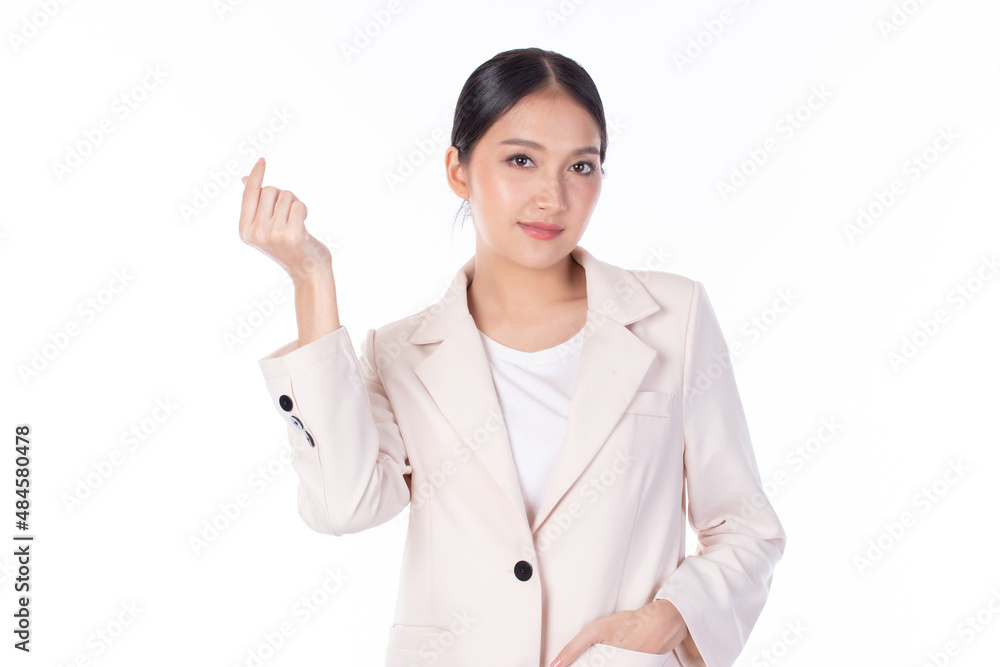 Portrait of beautiful young business Asian woman model long hair in suit smile, happy and enjoying in studio isolated on white background. The model raises her hand as an ok symbol. Portrait of beautiful young business Asian woman model long hair in suit smile, happy and enjoying in studio isolated on white background. The model raises her hand as an ok symbol.
