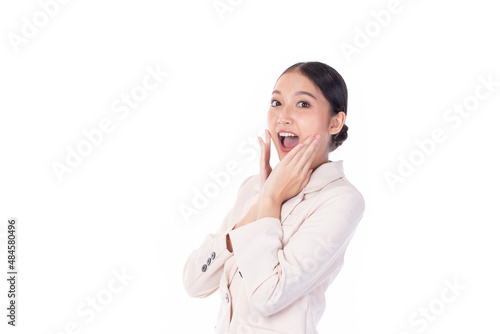 Image of feeling excited, shock, surprise and happy. Young asian woman standing isolated on white background. Female face expressions and emotions body language concept.