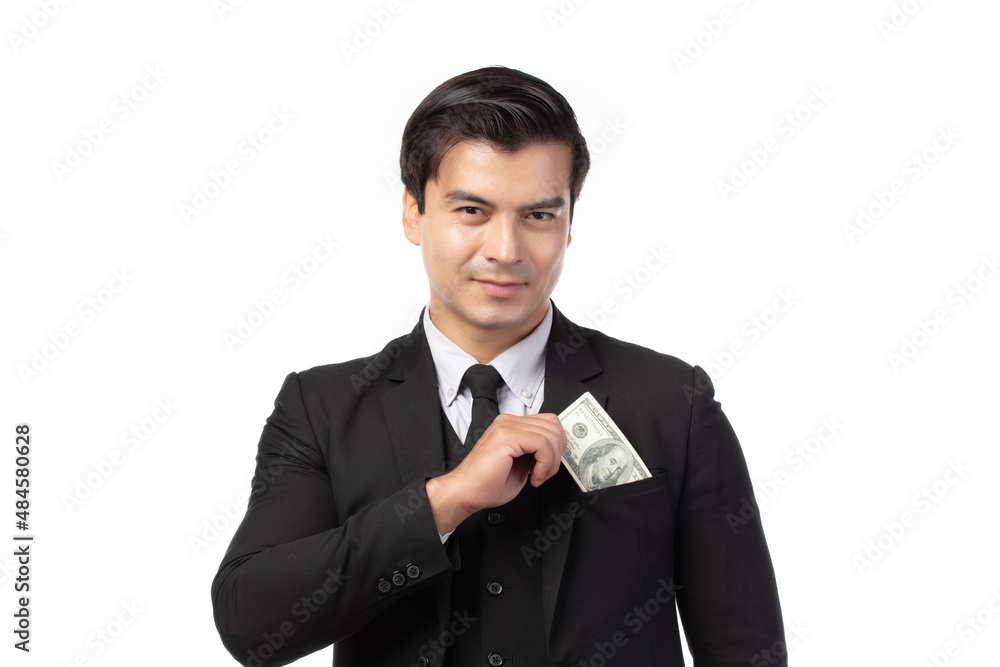 Business man in black suit holding money isolated on white background. Concept of finance success. Copy space. Business man in black suit holding money isolated on white background. Concept of finance success. Copy space.