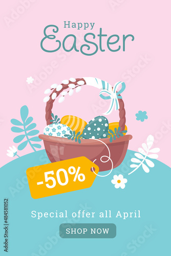 Easter holiday. Easter basket with colored eggs. Advertising banner. Vector image. 
