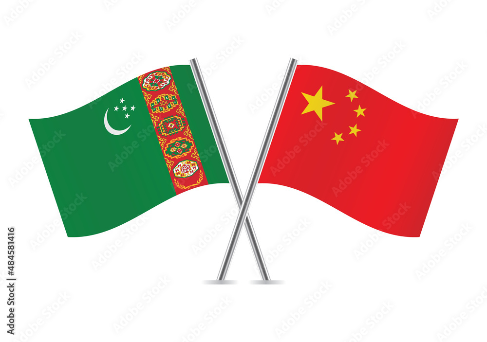 Turkmenistan and China flags. Turkmen and Chinese flags, isolated on white background. Vector icon set. Vector illustration. Turkmenistan and China flags. Turkmen and Chinese flags, isolated on white background. Vector icon set. Vector illustration.