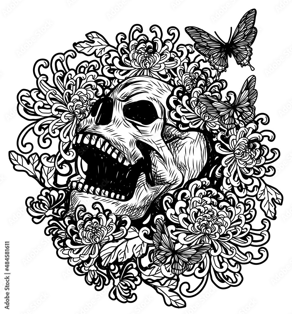 Skull tattoo art with flowers and butterfly drawing sketch black and white Skull tattoo art with flowers and butterfly drawing sketch black and white