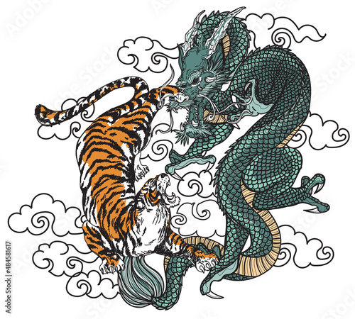 Tattoo art tiger and dargon hand drawing and sketch