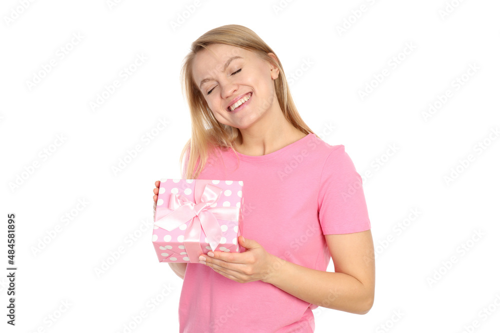 Young woman with gift box isolated on white background Young woman with gift box isolated on white background