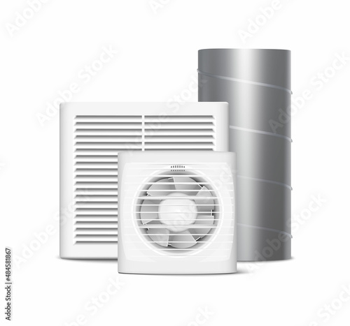 3d realistic vector icon set. Industrial ventilation with vent mesh  and pipes.