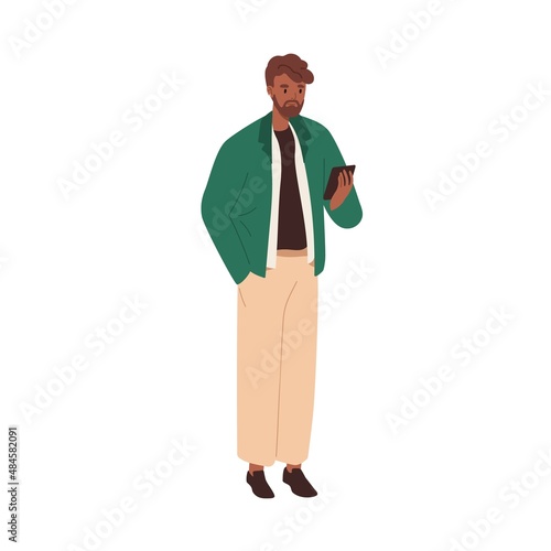 Person with mobile phone in hands. Young man standing and holding smartphone. Guy using cellphone, looking and reading, surfing internet outdoor. Flat vector illustration isolated on white background