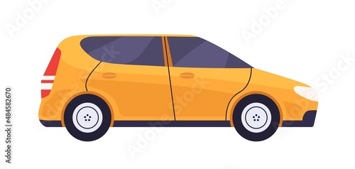 Hatchback car side view. Auto vehicle profile. Road wheel transport. New automobile model with hatch body type. Colored flat cartoon vector illustration isolated on white background