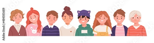 Happy children group portrait. Elementary school kids in row. Cute smiling boys and girls. Young little students friends. Primary schoolkids. Flat vector illustration isolated on white background