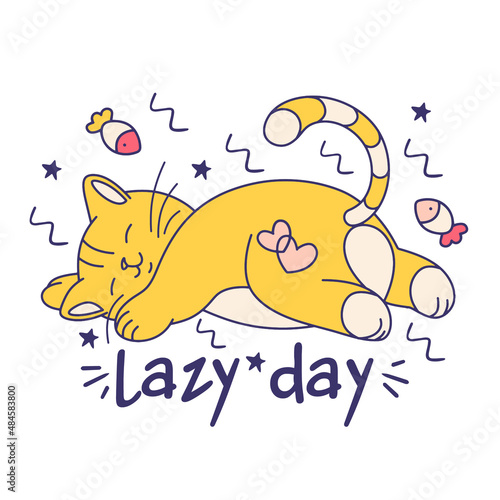 Cute sleeping funny cat with quite: " lazy days". Cartoon doodle vector illustration for sticker. Printable concept, print for pajamas or t shirt, tee, t.  