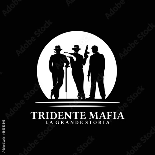 silhouette of three gangster mafia, bastard bandit mafioso with gun shot weapon and walking stick in hand and smoking pipe in mouth logo design inspiration photo